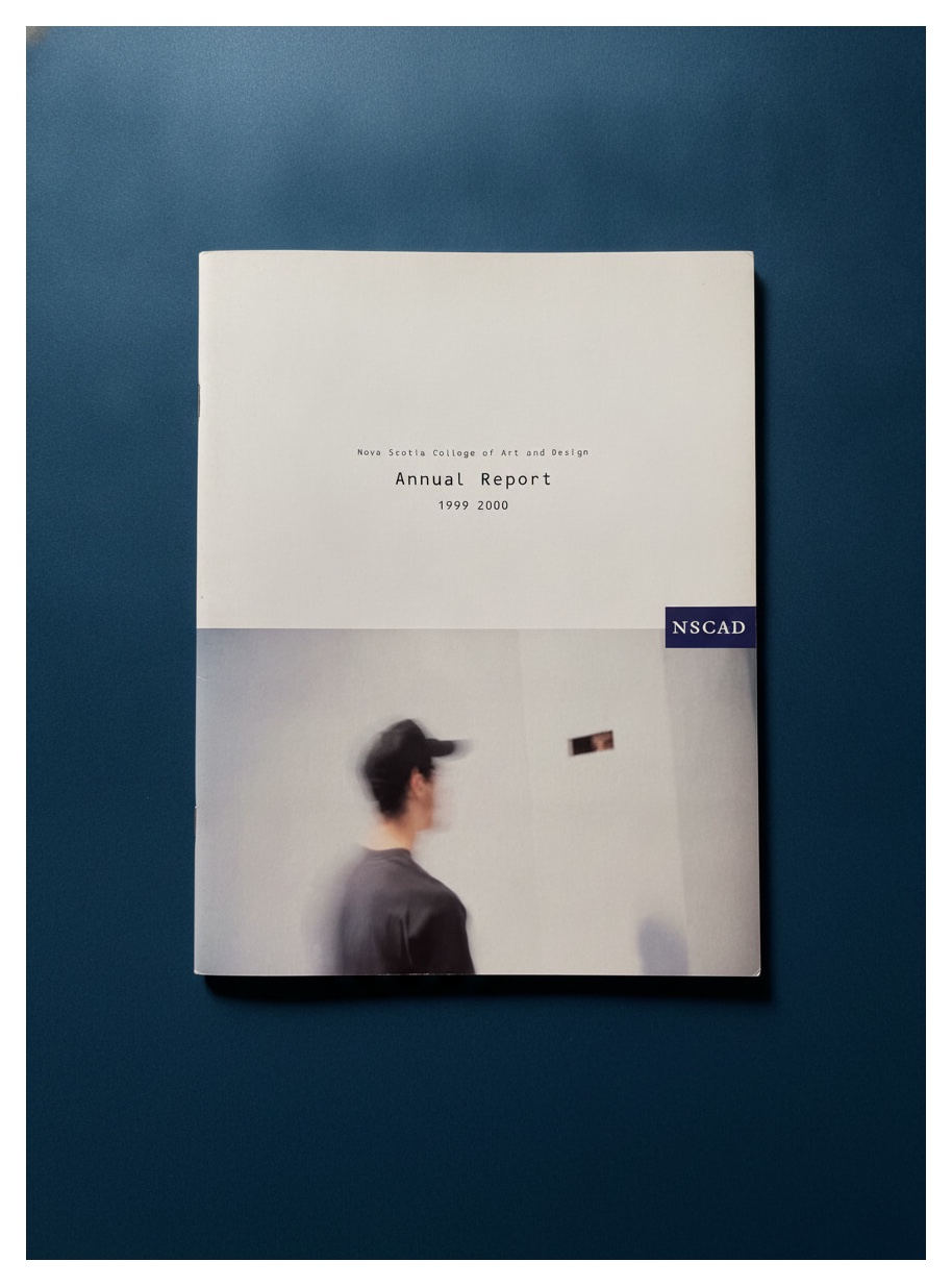 NSCAD Annual Report 1999–2000 cover, a blurred figure in a gallery under monospaced type
