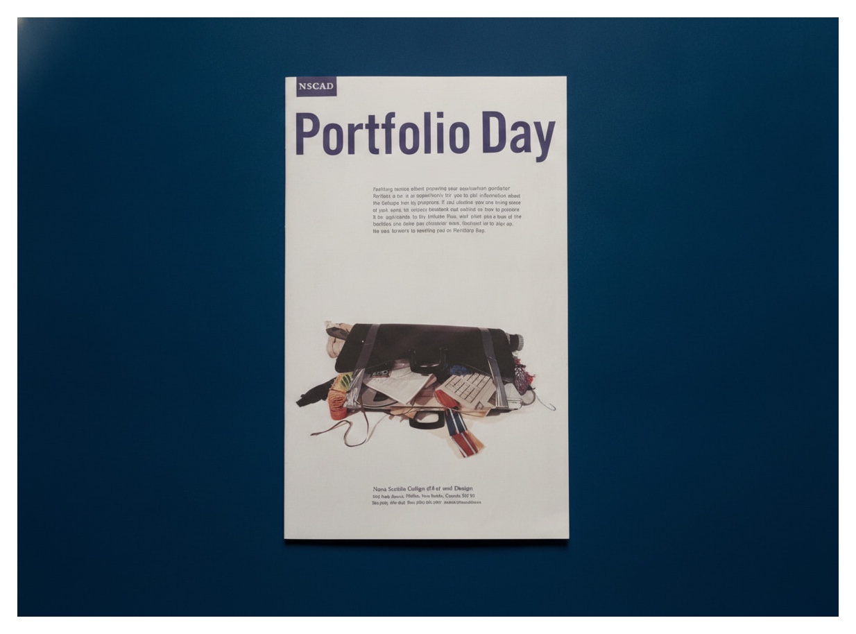 NSCAD Portfolio Day poster, an overstuffed portfolio bag beneath a bold purple headline