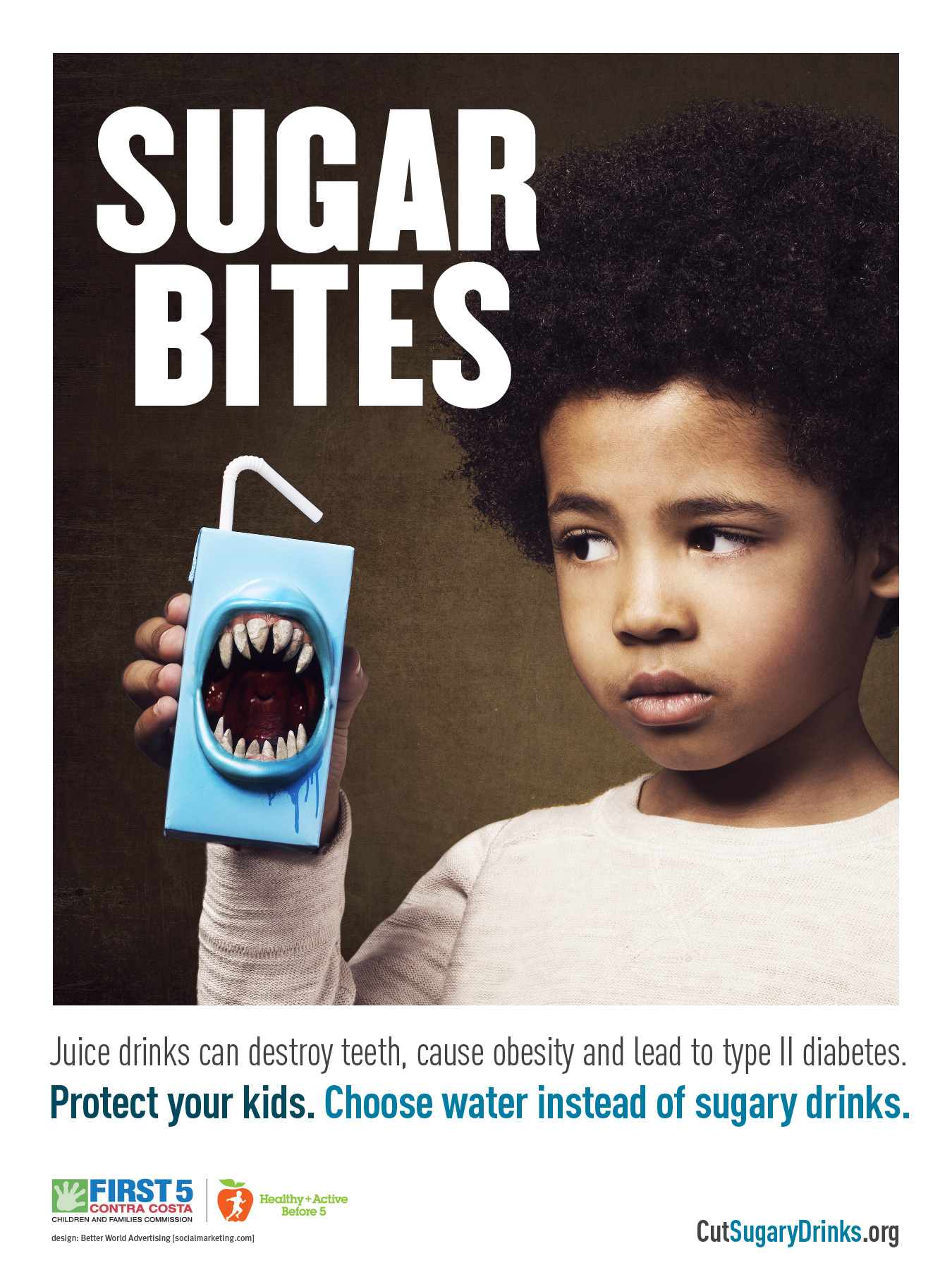 Sugar Bites poster, a boy eyeing a blue juice box grown a mouthful of fangs, headline Sugar Bites