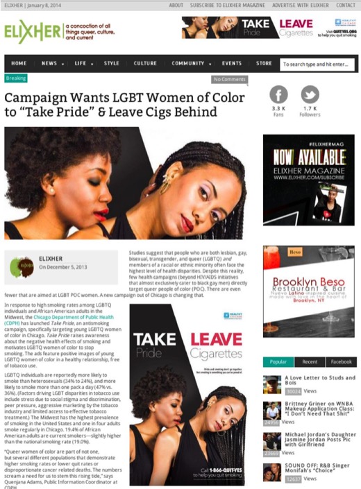 ELIXHER magazine article covering the Take Pride, Leave Cigarettes campaign