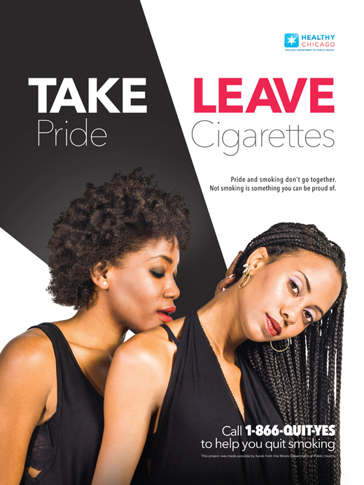 Take Pride, Leave Cigarettes poster, two women beside the split headline Take Pride / Leave Cigarettes
